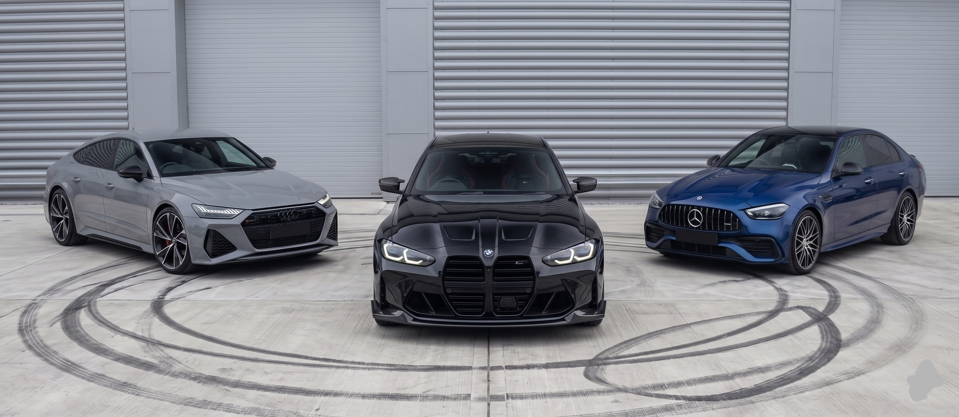 Three cars, one gray, one black, and one blue, parked in a row on a concrete surface with a metallic wall in the background.